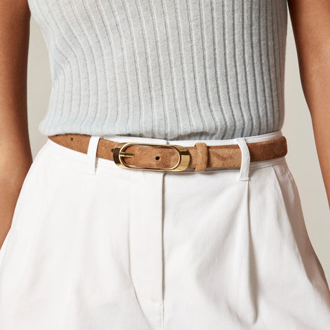 Skinny oval-buckle suede belt