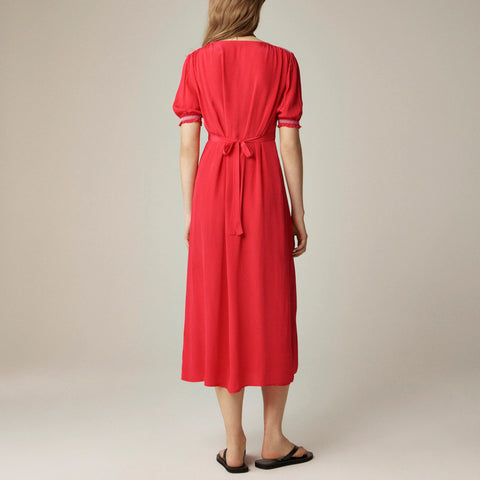 Smocked-trim midi dress in crepe de chine