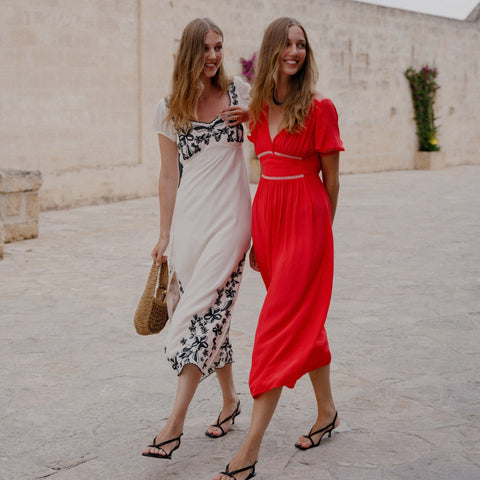 Smocked-trim midi dress in crepe de chine