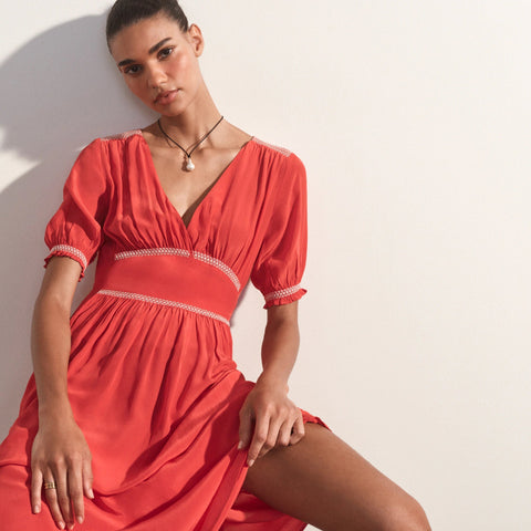 Smocked-trim midi dress in crepe de chine