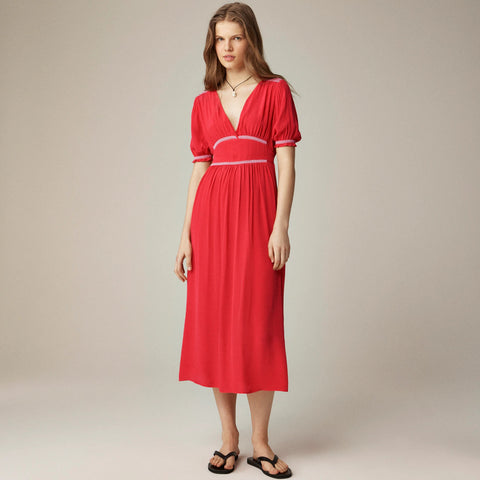 Smocked-trim midi dress in crepe de chine