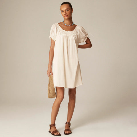 Smocked puff-sleeve mini dress in cotton voile