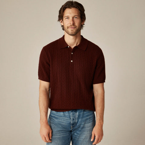 Short-sleeve cashmere cable-knit sweater-polo