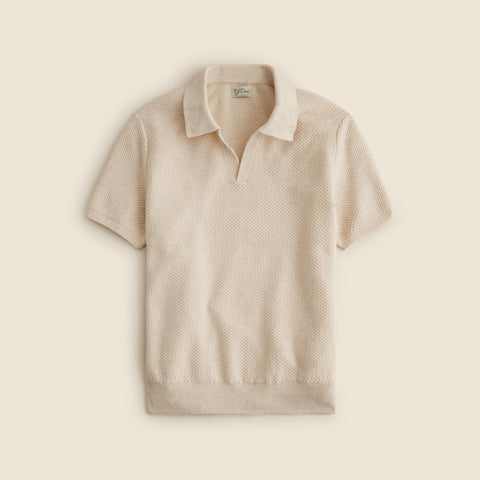 Short-sleeve textured-stitch cotton johnny-collar sweater-polo