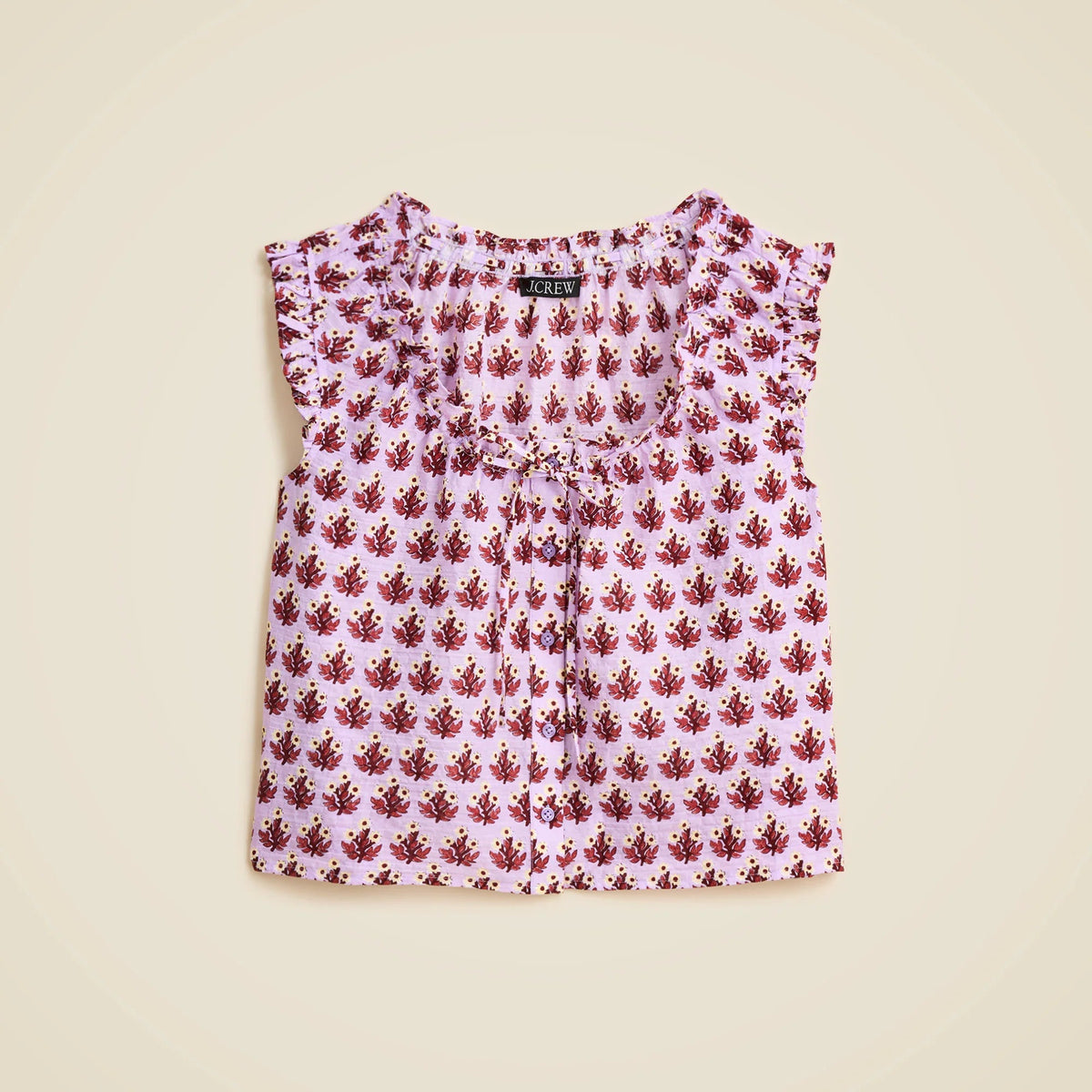 Ruffle-trim button-up top in block print