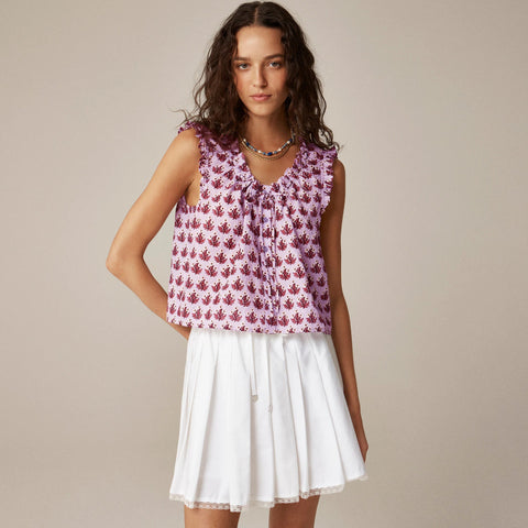 Ruffle-trim button-up top in block print