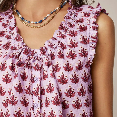Ruffle-trim button-up top in block print