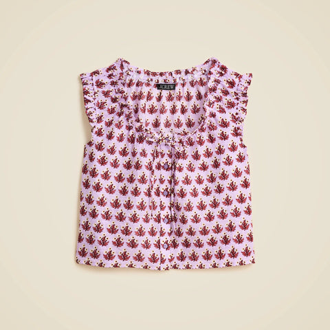 Ruffle-trim button-up top in block print