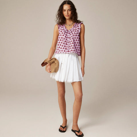 Ruffle-trim button-up top in block print