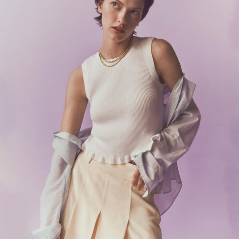 Pleated knee-length skirt in luster canvas