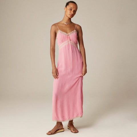 Pintuck lace-trim slip dress in crepe de chine