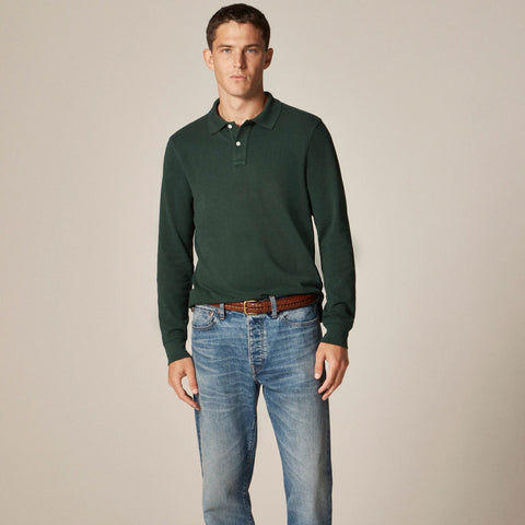 Long-sleeve washed piqué polo shirt