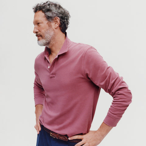Long-sleeve washed piqué polo shirt