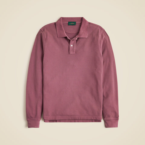 Long-sleeve washed piqué polo shirt