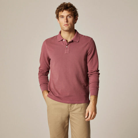 Long-sleeve washed piqué polo shirt