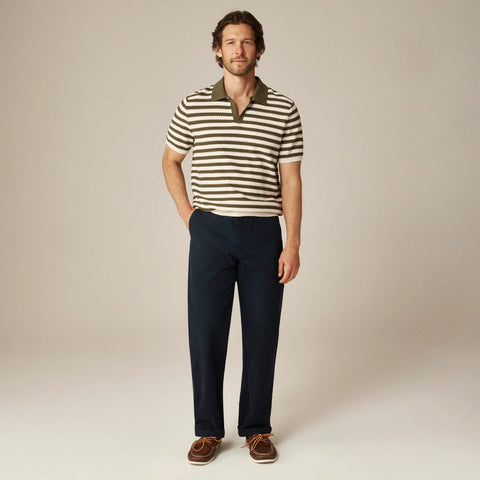 Short-sleeve textured-stitch cotton johnny-collar sweater-polo in stripe