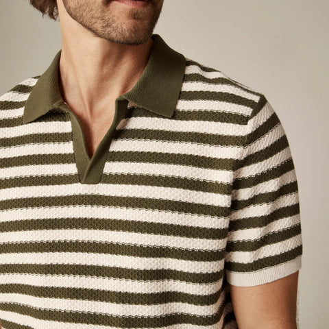 Short-sleeve textured-stitch cotton johnny-collar sweater-polo in stripe