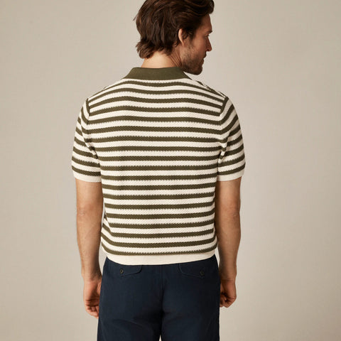 Short-sleeve textured-stitch cotton johnny-collar sweater-polo in stripe