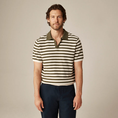 Short-sleeve textured-stitch cotton johnny-collar sweater-polo in stripe