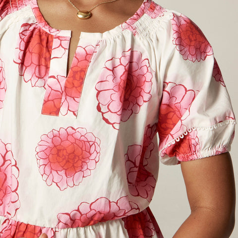 Girls' tiered puff-sleeve dress in peony floral