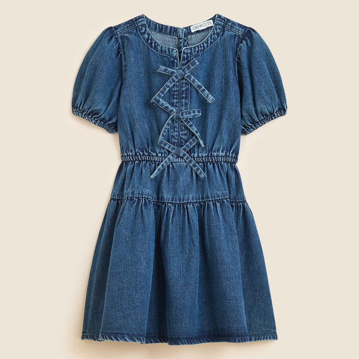 Girls' puff-sleeve dress in drapey denim