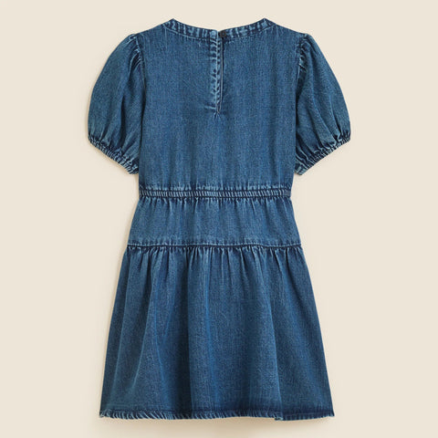 Girls' puff-sleeve dress in drapey denim