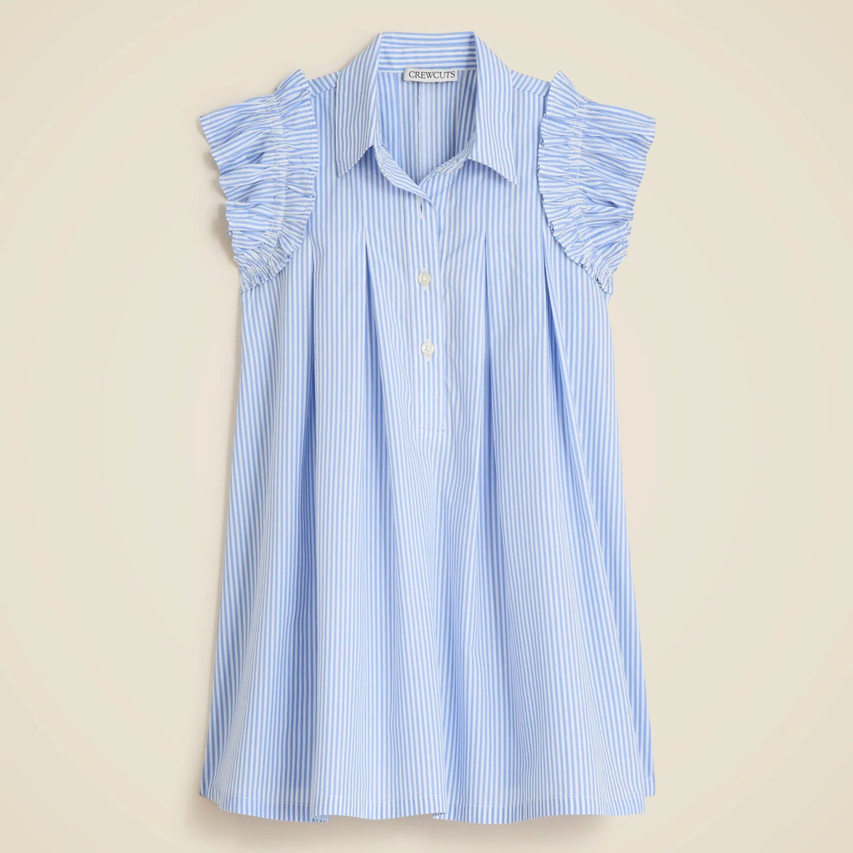 Girls' ruffle-sleeve shirt-dress in striped cotton poplin