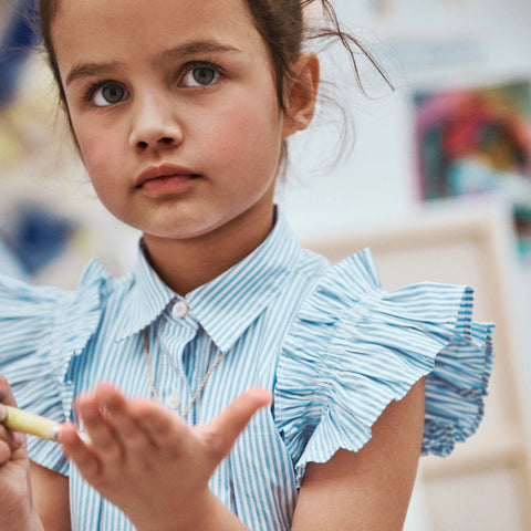 Girls' ruffle-sleeve shirt-dress in striped cotton poplin