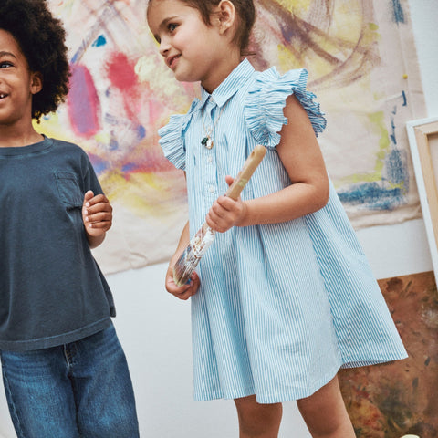 Girls' ruffle-sleeve shirt-dress in striped cotton poplin