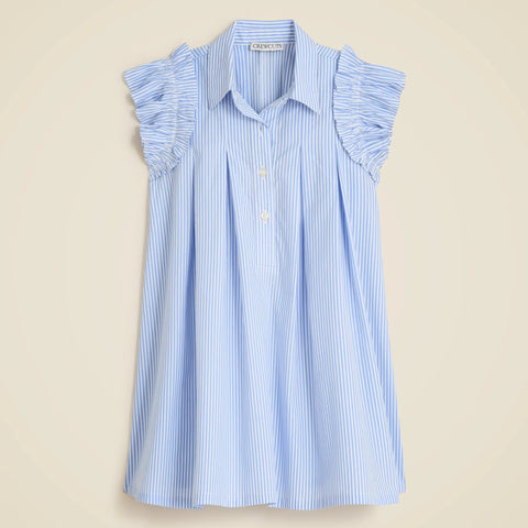 Girls' ruffle-sleeve shirt-dress in striped cotton poplin