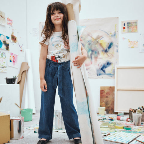 Girls' tie-waist pant in drapey denim