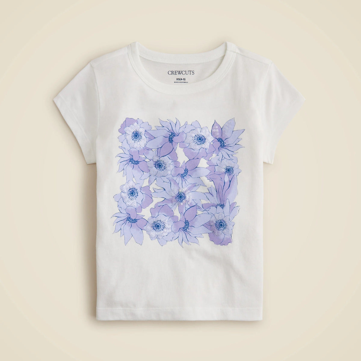 Girls' short-sleeve flower grid graphic T-shirt with sequins