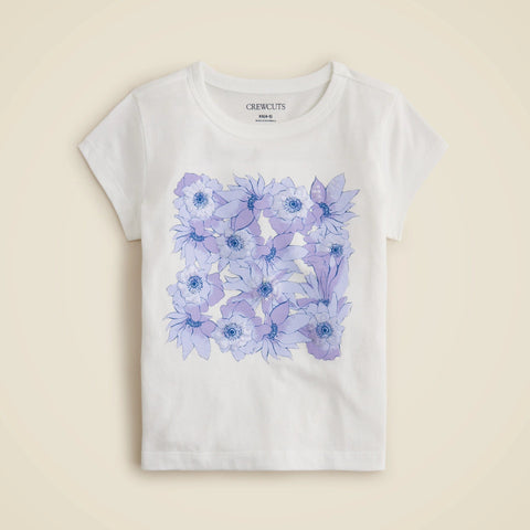 Girls' short-sleeve flower grid graphic T-shirt with sequins