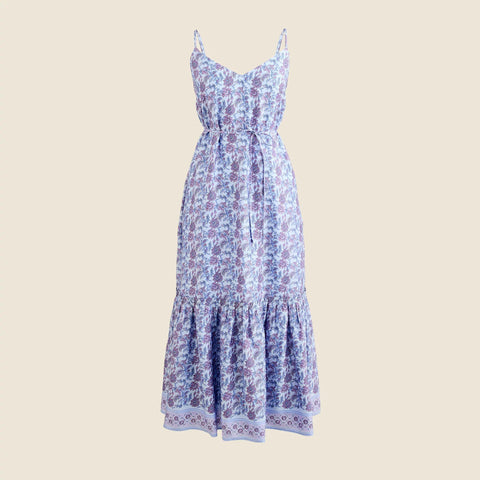 Tiered tie-waist dress in dusty periwinkle block print