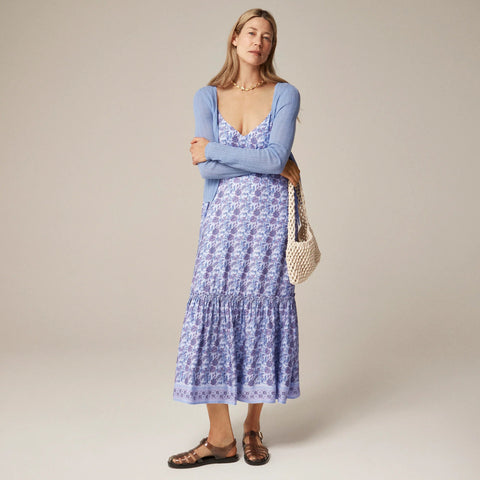Tiered tie-waist dress in dusty periwinkle block print