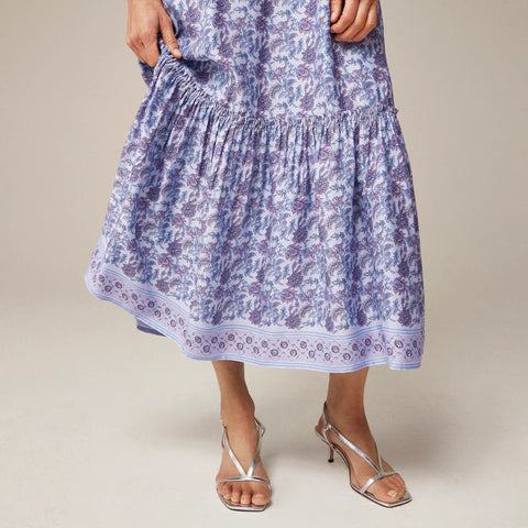 Tiered tie-waist dress in dusty periwinkle block print