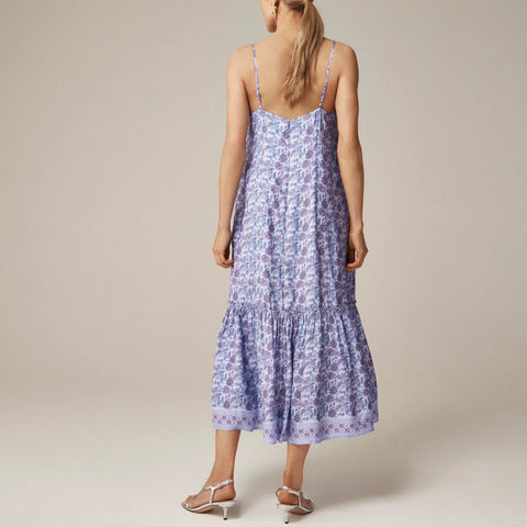 Tiered tie-waist dress in dusty periwinkle block print