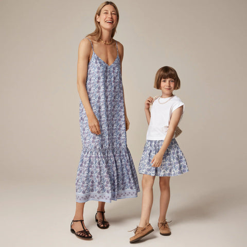 Tiered tie-waist dress in dusty periwinkle block print