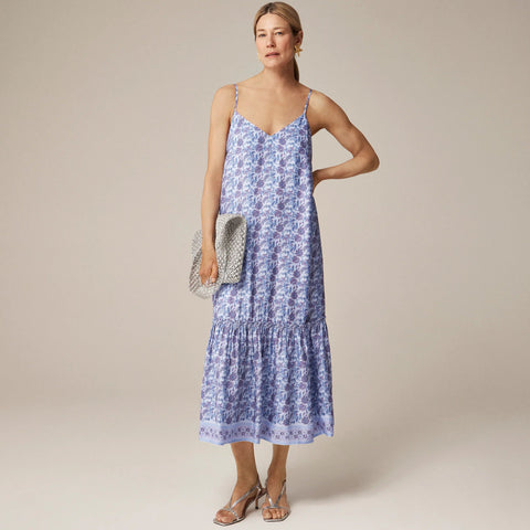 Tiered tie-waist dress in dusty periwinkle block print