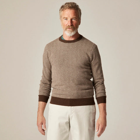 Cashmere crewneck sweater in jacquard herringbone