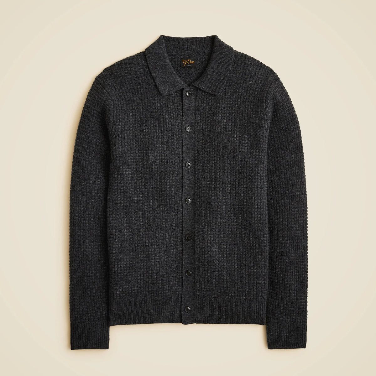 Midweight cashmere waffle-knit polo cardigan sweater