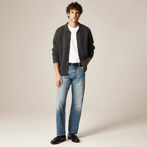 Midweight cashmere waffle-knit polo cardigan sweater