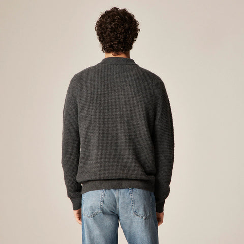 Midweight cashmere waffle-knit polo cardigan sweater