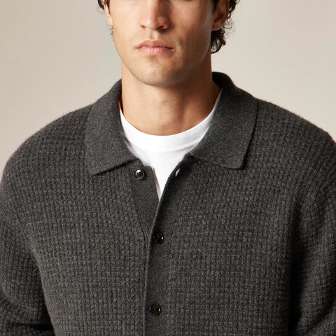 Midweight cashmere waffle-knit polo cardigan sweater