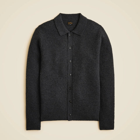 Midweight cashmere waffle-knit polo cardigan sweater