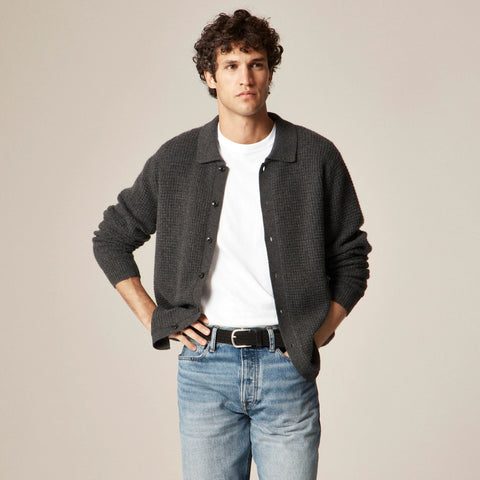 Midweight cashmere waffle-knit polo cardigan sweater