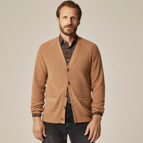 Midweight heathered cashmere ribbed V-neck cardigan