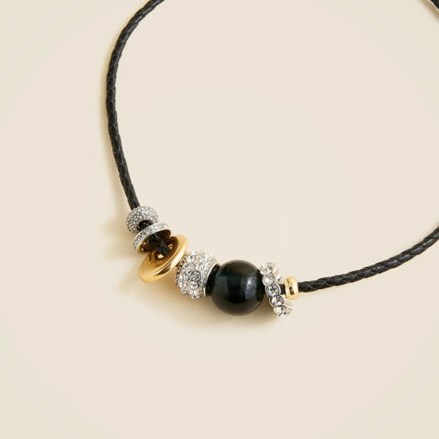 Beaded leather cord necklace with pavé crystals