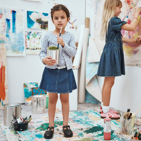 Girls' picture day skirt in drapey denim