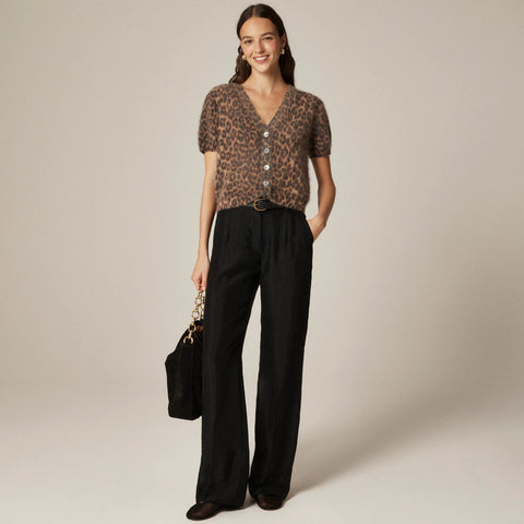 Brushed cashmere short-sleeve cardigan in leopard print